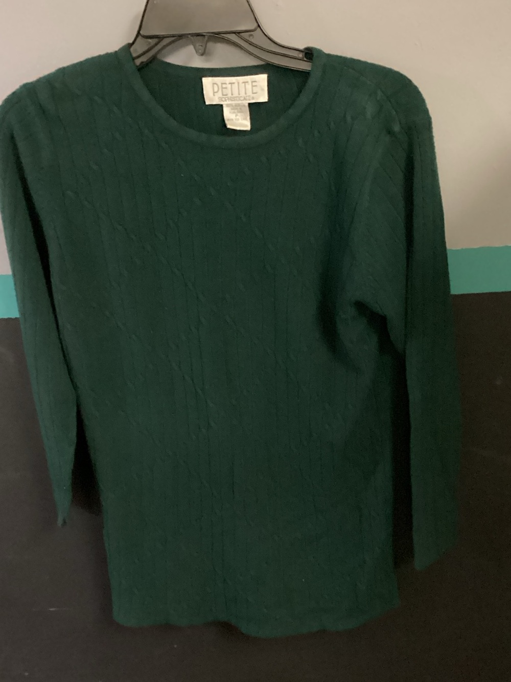Petite Sophisticate Forest Green Cable Crewneck Sweater